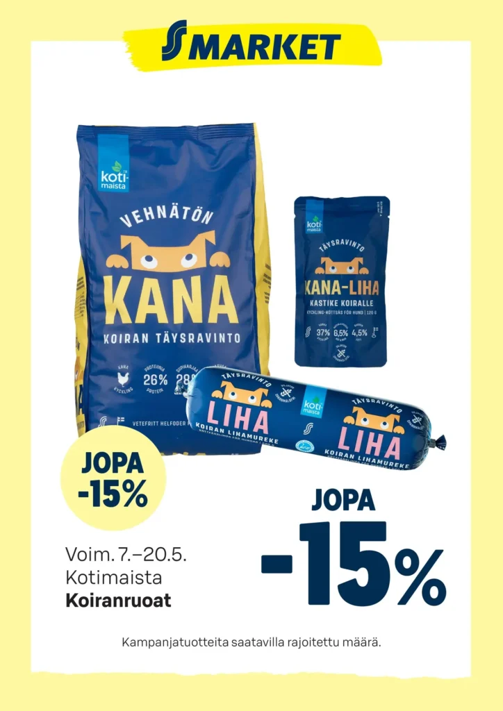 S-market tarjoukset kampanjat voimassa 8.4.2025 S-market koiranruoka tarjoukset 7.-20.5.2025
