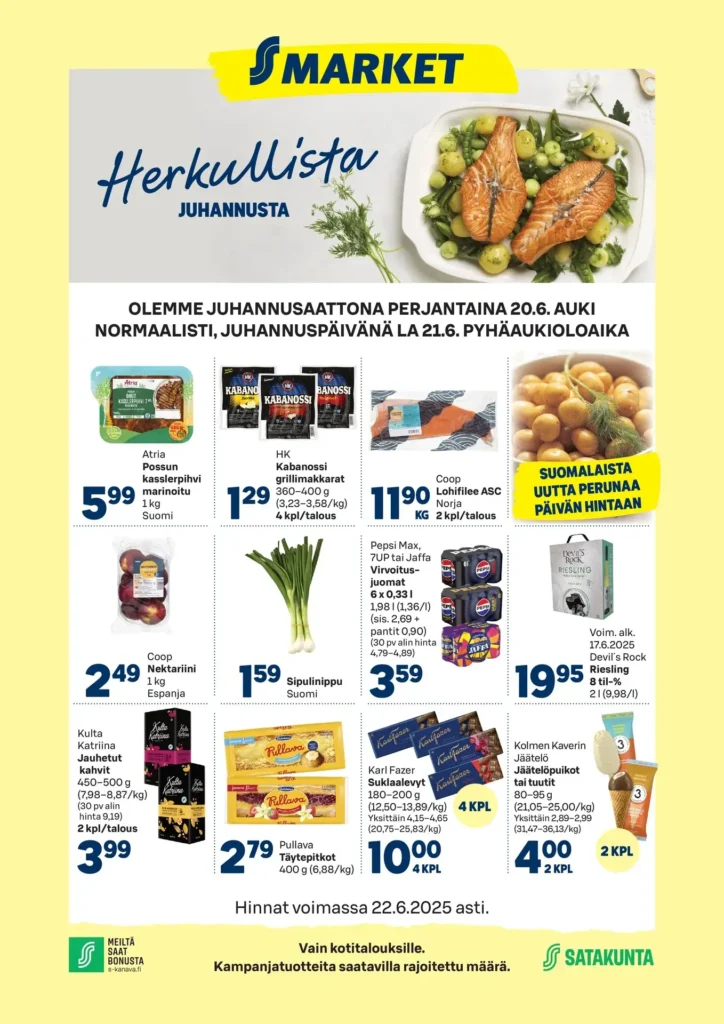 S-market tarjoukset kampanjat voimassa 22.6.2025 s-market tarjoukset herkullista juhannusta hinta voimassa 22.6.2025
